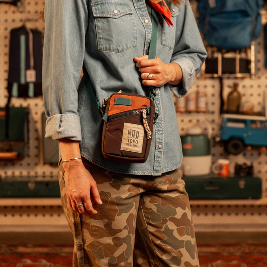 General shot of Topo Designs Mini Shoulder Bag in "Black / Tectonic"