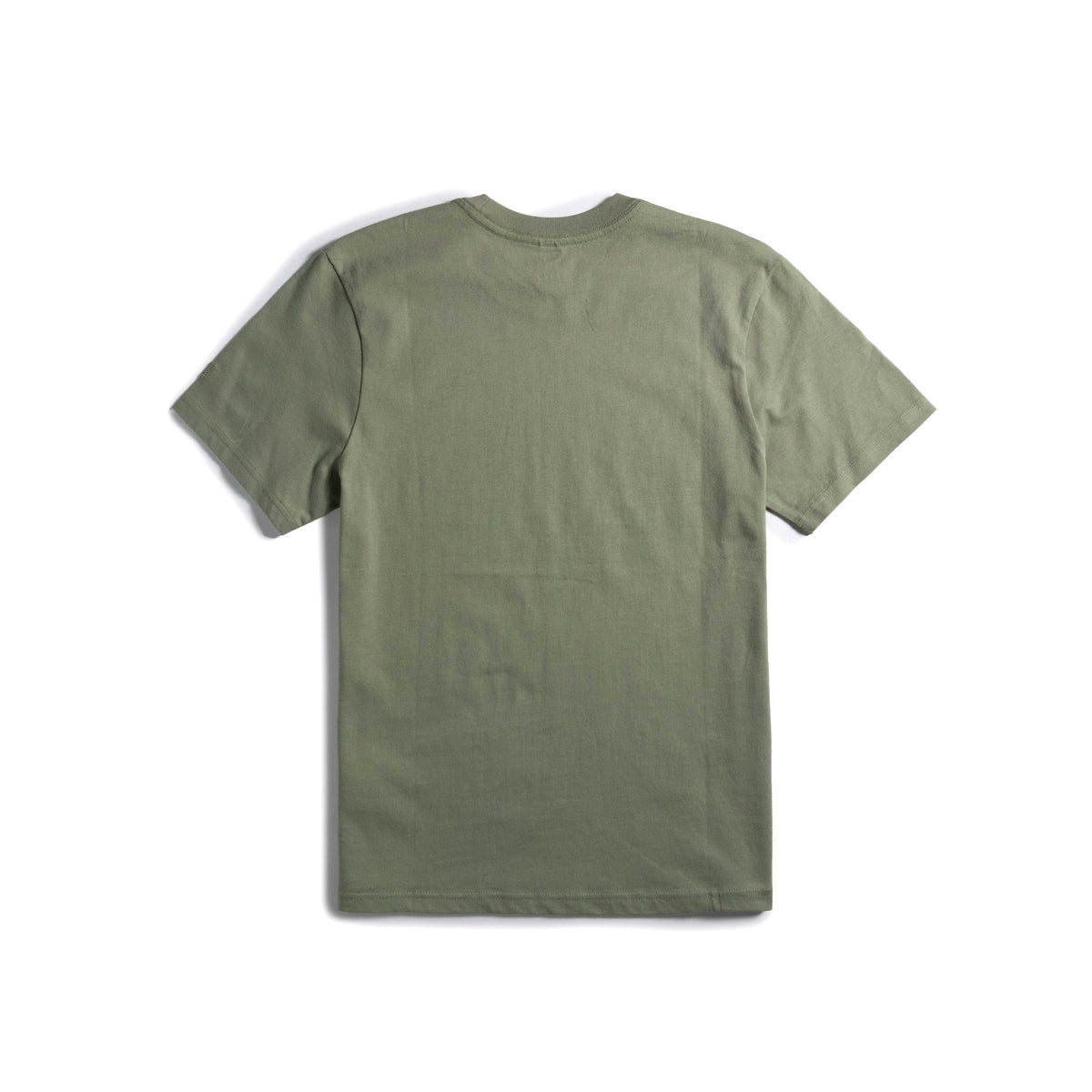Back flat lay image on white background of Topo Designs Mountain Scene Tee - Men's in "Oil Green"