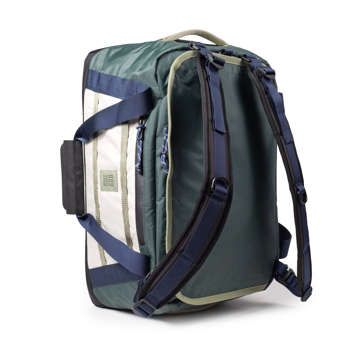 Standing Backpack View of Topo Designs Mountain Duffel 40L in "Forest / Bone White"