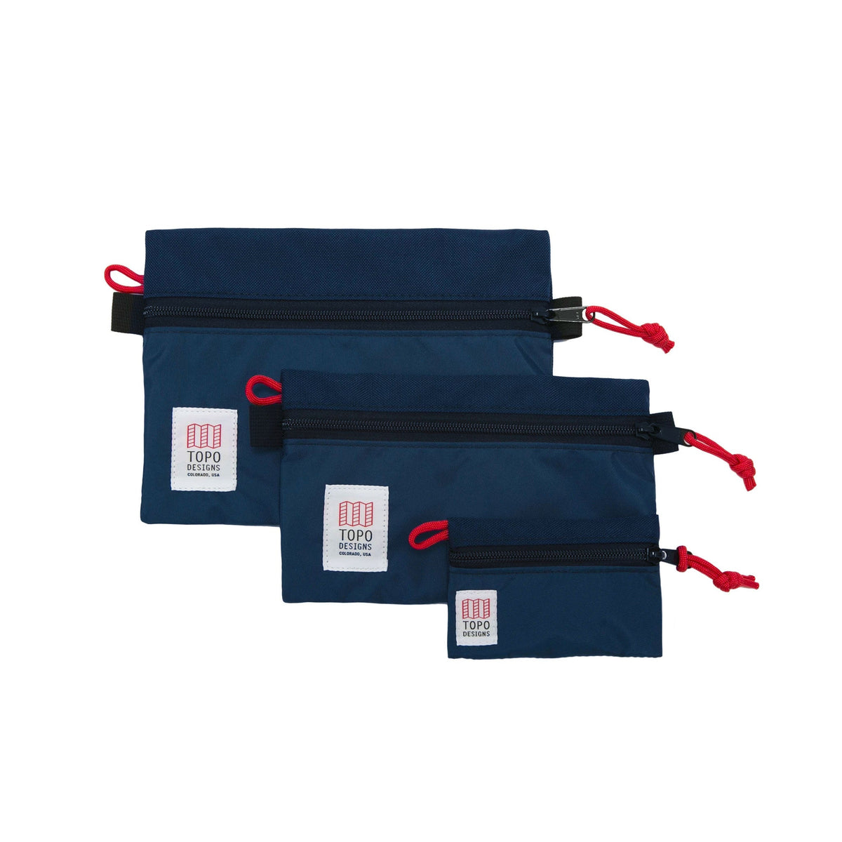 Topo Designs Accessory Bags - product shot of the "Medium", "Small", and "Micro" accessory bags in "Navy" blue.