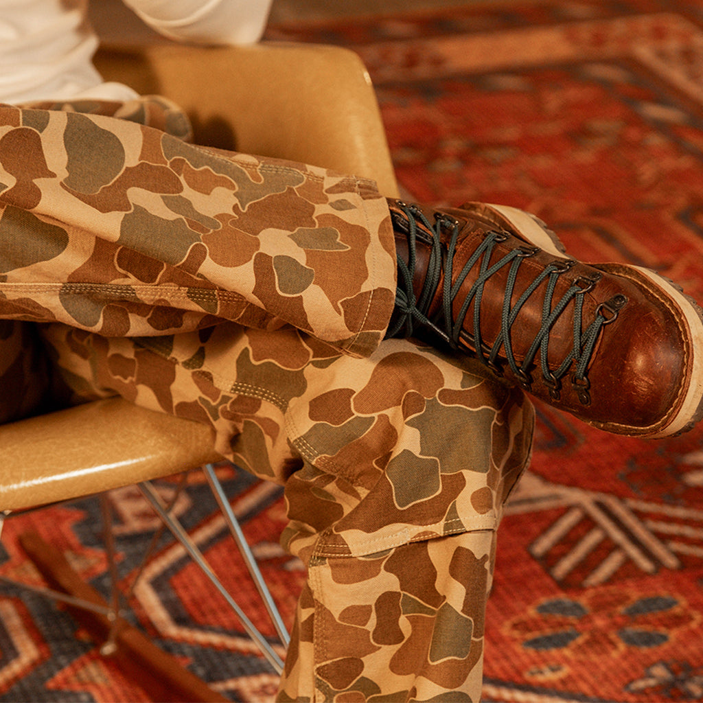Detail image of woman wearing "Duck Camo" Utility Pants