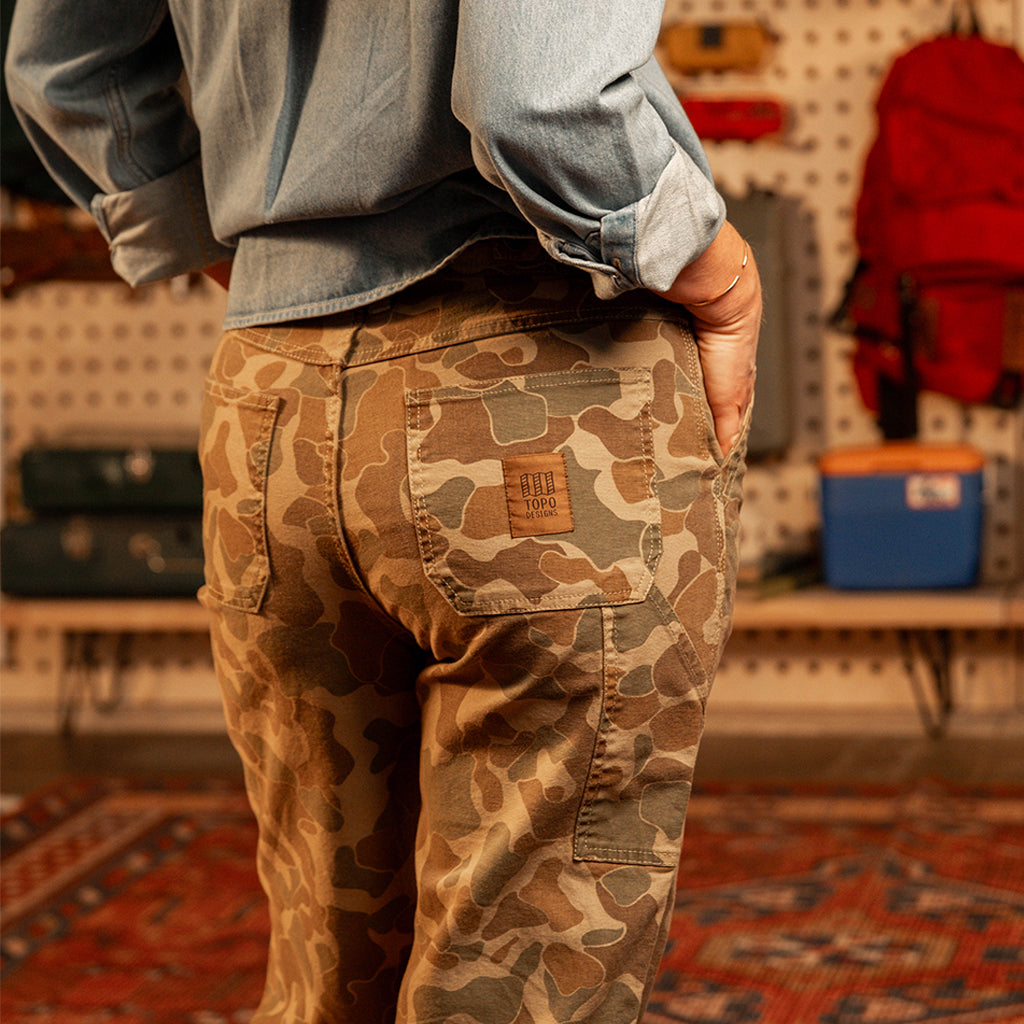 Back image of woman wearing "Duck Camo" Utility Pants