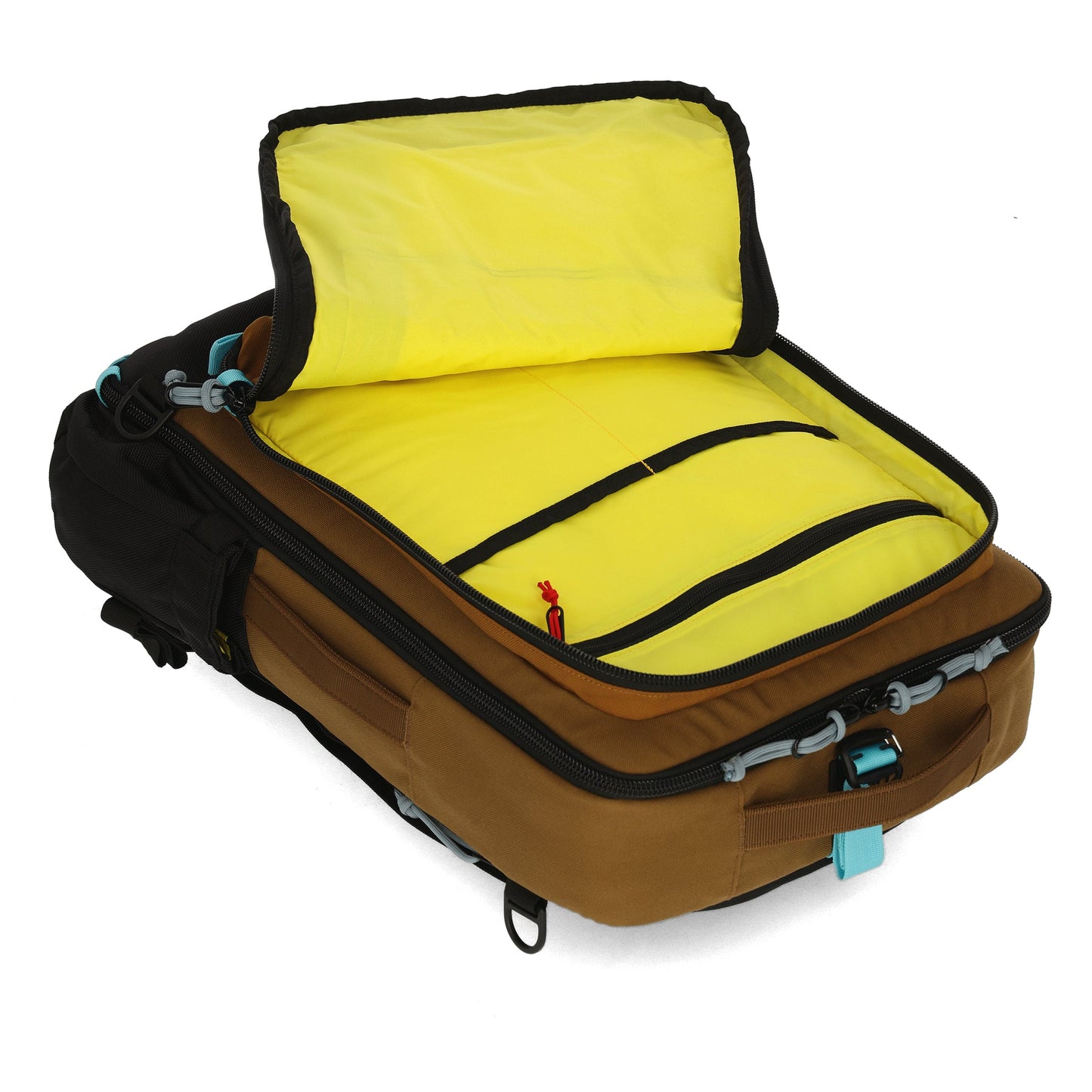 General detail shot of Topo Designs Global Travel Bag 30L Durable Carry On Convertible Laptop Travel Backpack in "Desert Palm / Pond Blue".