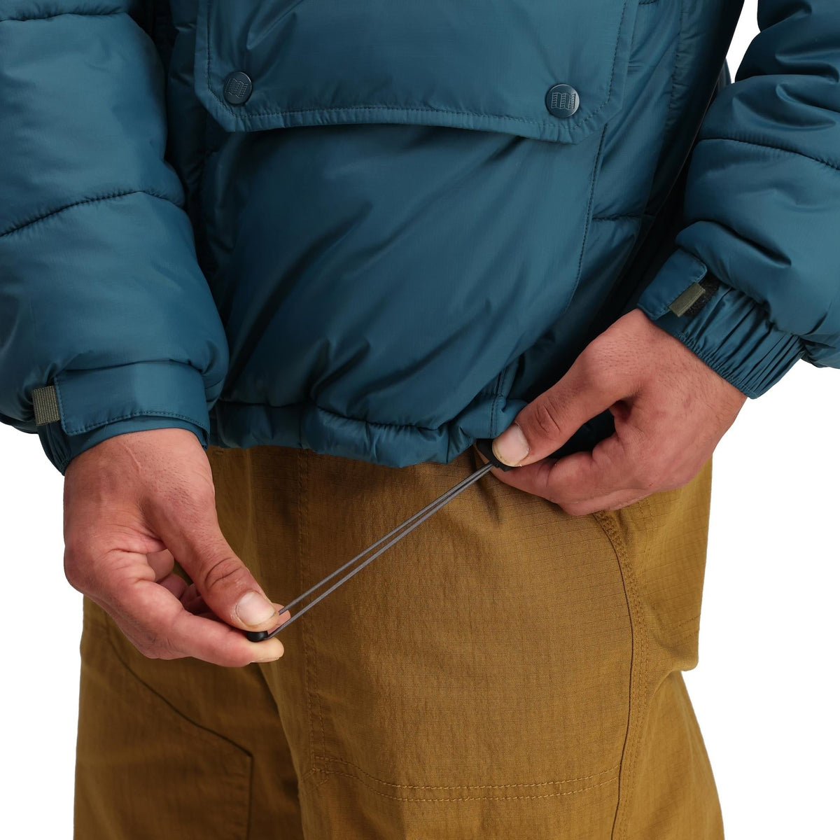 General Detail shot of Topo Designs Retro Ridge Puffer Jacket - Men's in "Pond Blue / Beetle"