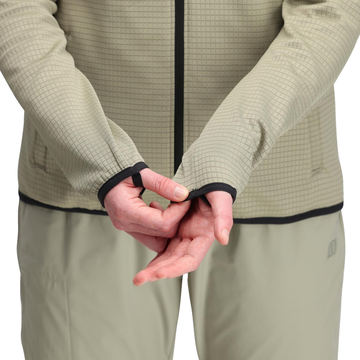 General Detail shot of Topo Designs Global Midlayer Hoodie - Women's in "Dried Sage"