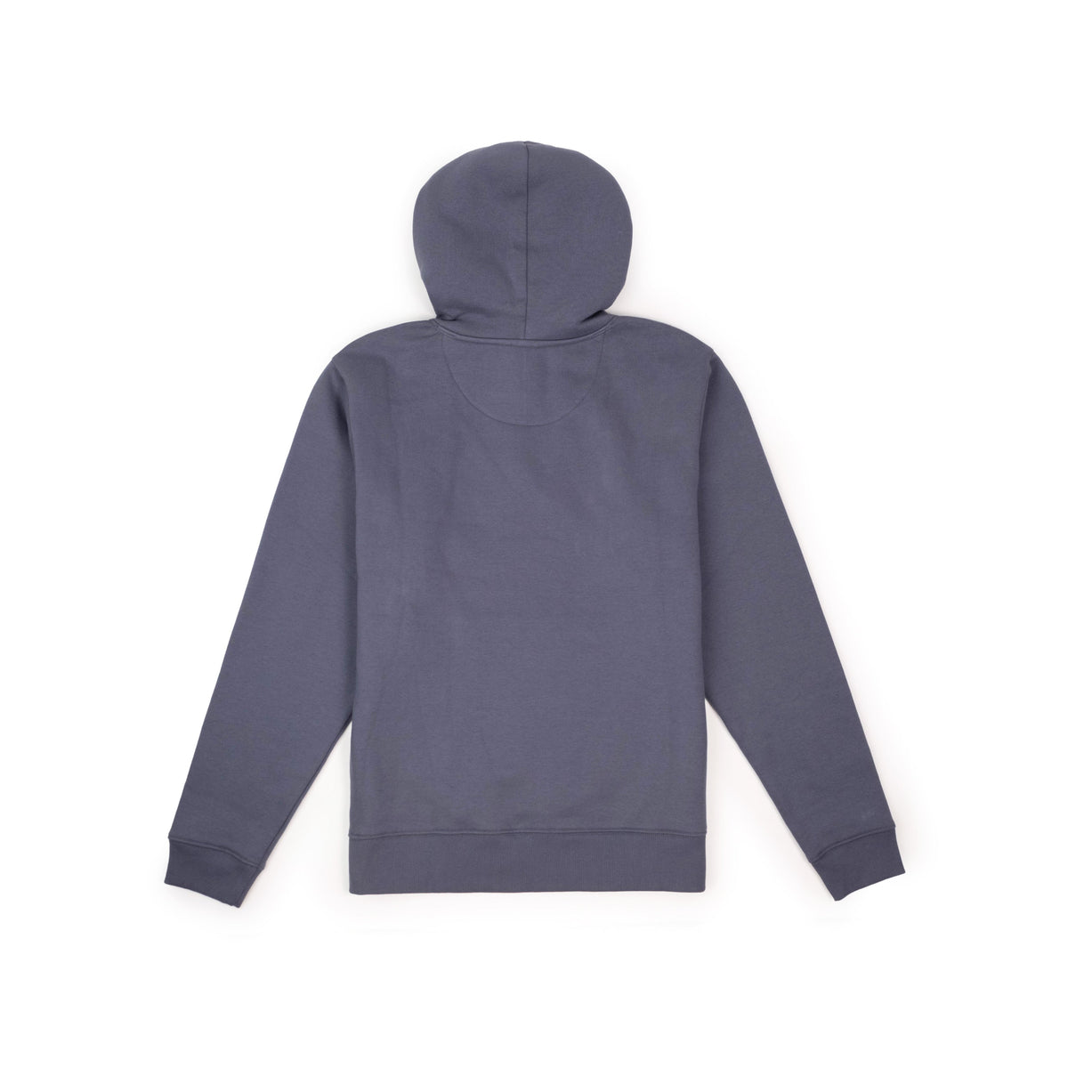 Back View of Topo Designs Alpine High Label Hoodie in "Stone Blue"