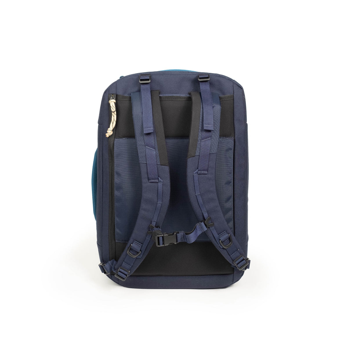 Back view of Global Travel Duffel in "Navy / Sahara" with shoulder straps shown.