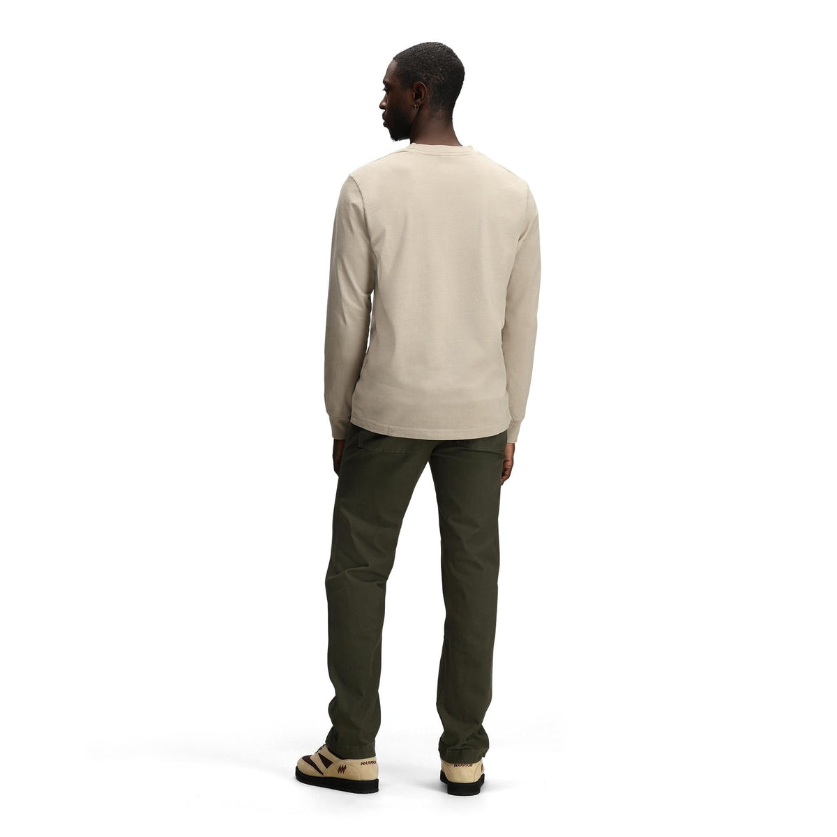 General back model shot of Topo Designs Dirt Pocket Tee Long Sleeve - Men's in "Cobblestone"