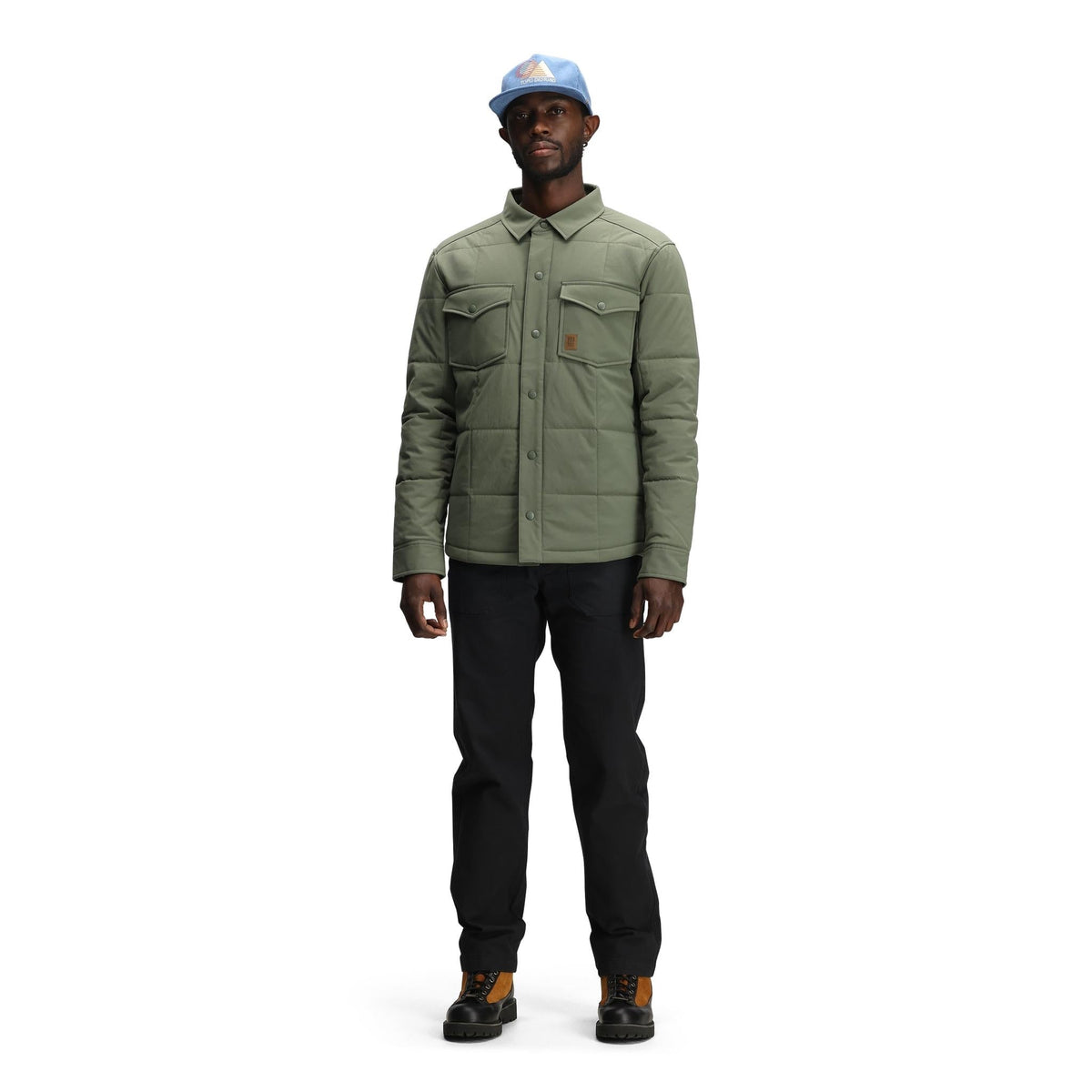 General front model shot of Topo Designs Puffer Shirt Jacket - Men's in "Beetle"