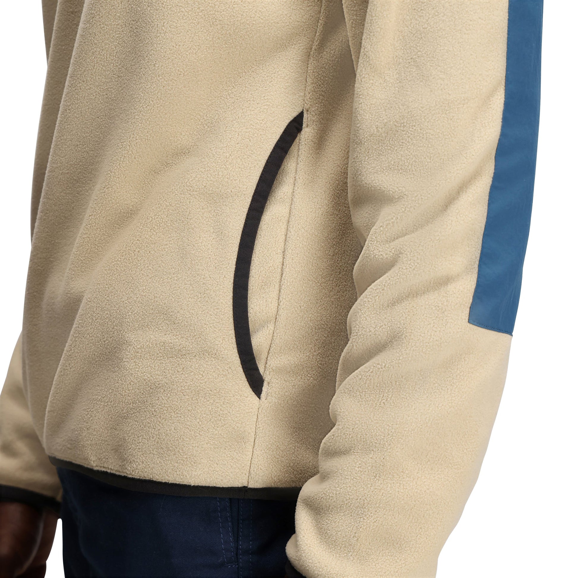 General Detail shot of Topo Designs Vista 1/4 Zip Lightweight Fleece - Men's in "Oatmeal / Pond Blue"