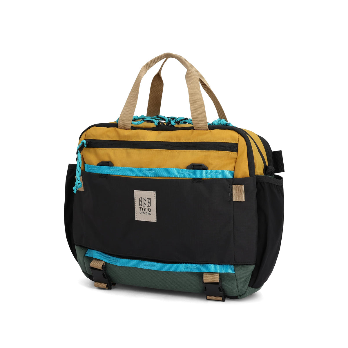 Front View of Topo Designs Mountain Cross Bag in "Mustard / Forest"