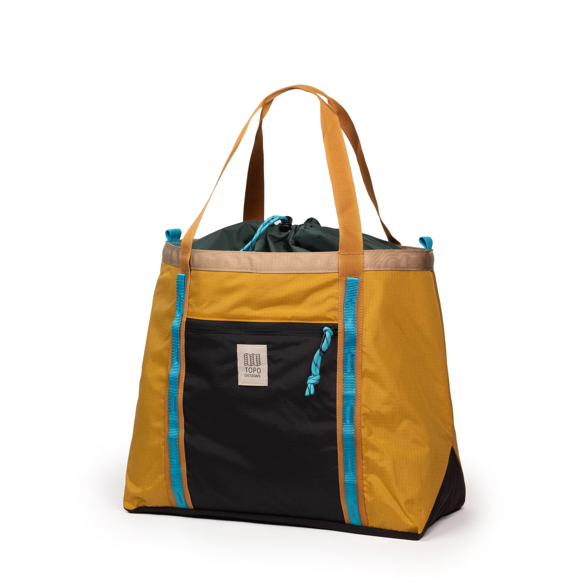 Front View of Topo Designs Mountain Utility Tote in "Mustard / Forest"