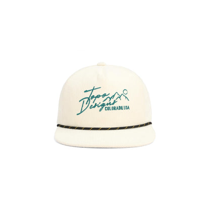 Front View of Topo Designs Corduroy Trucker Hat - Topo Script in "Bone White"