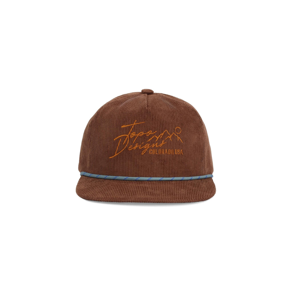 Front View of Topo Designs Corduroy Trucker Hat - Topo Script in "Desert Palm"