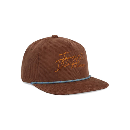 Front View of Topo Designs Corduroy Trucker Hat - Topo Script in "Desert Palm"
