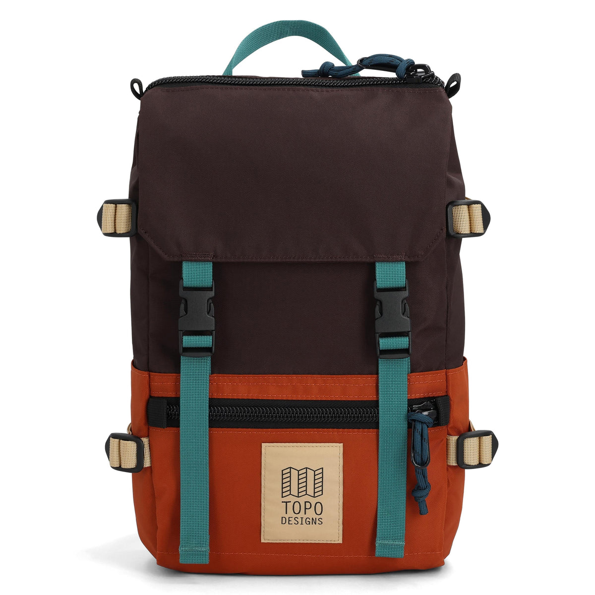 Front View of Topo Designs Rover Pack Mini in "Clay / Chocolate"