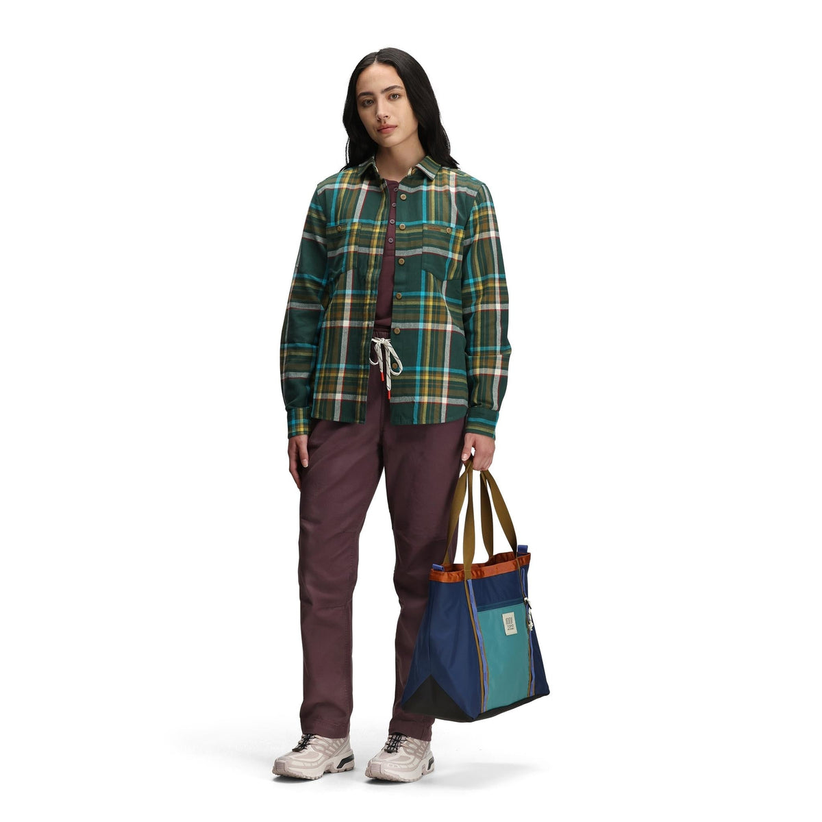 General front model shot of Topo Designs Dirt Pants Classic - Women's in "Huckleberry"