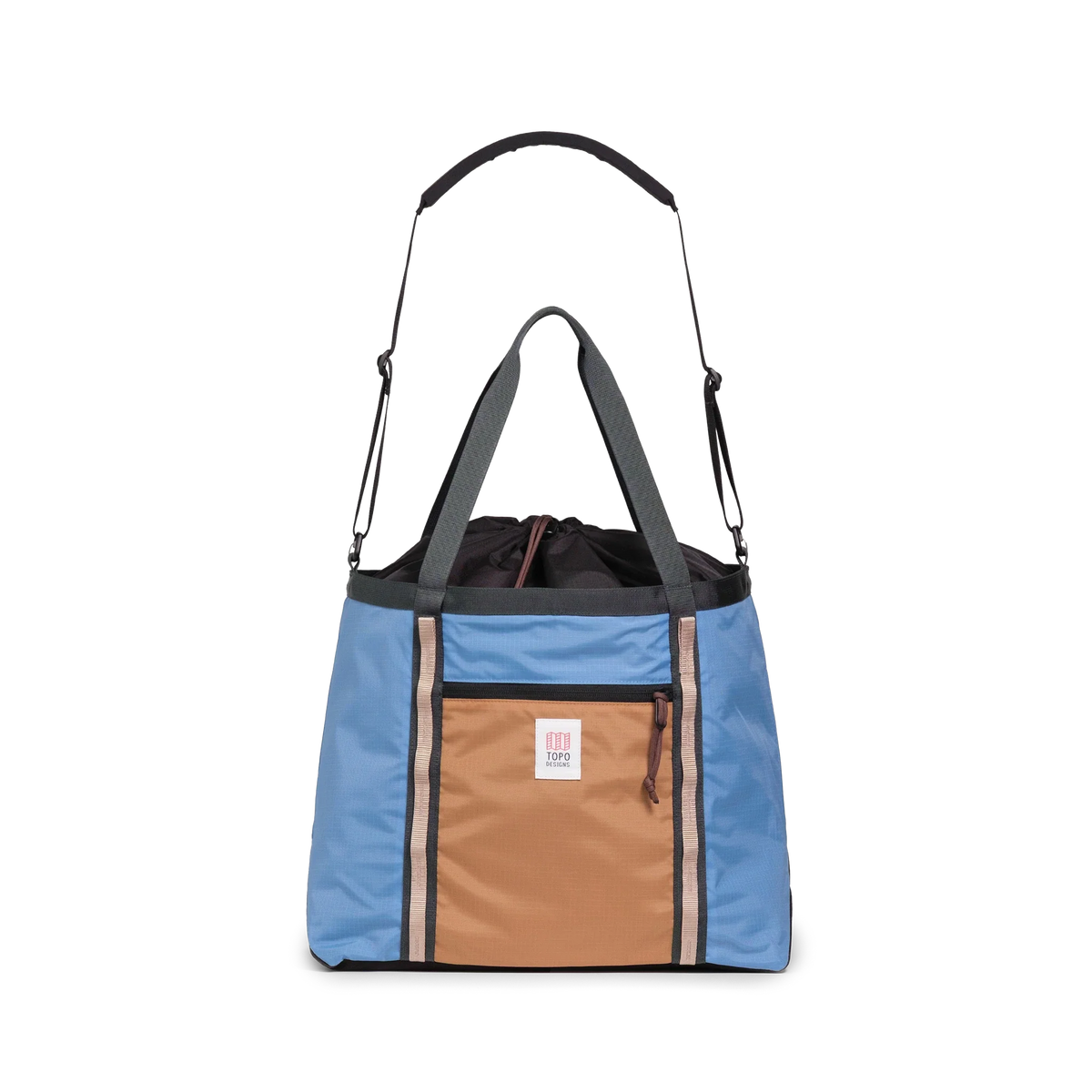 Front View of Topo Designs Mountain Utility Tote in "River Blue / Brown Oak"