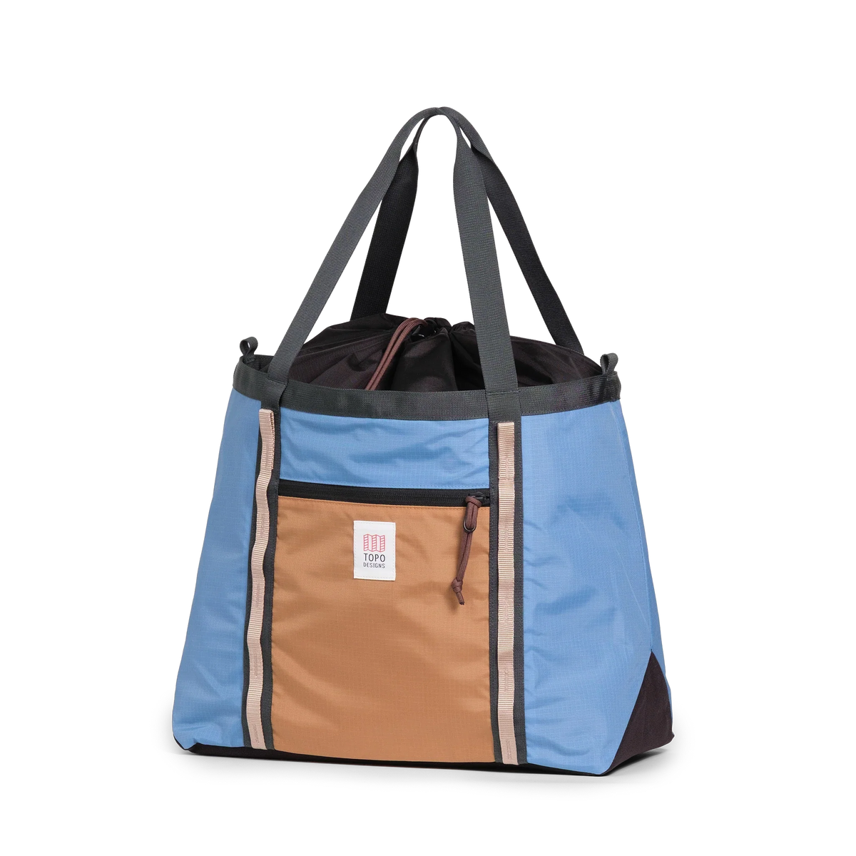 Front View of Topo Designs Mountain Utility Tote in "River Blue / Brown Oak"