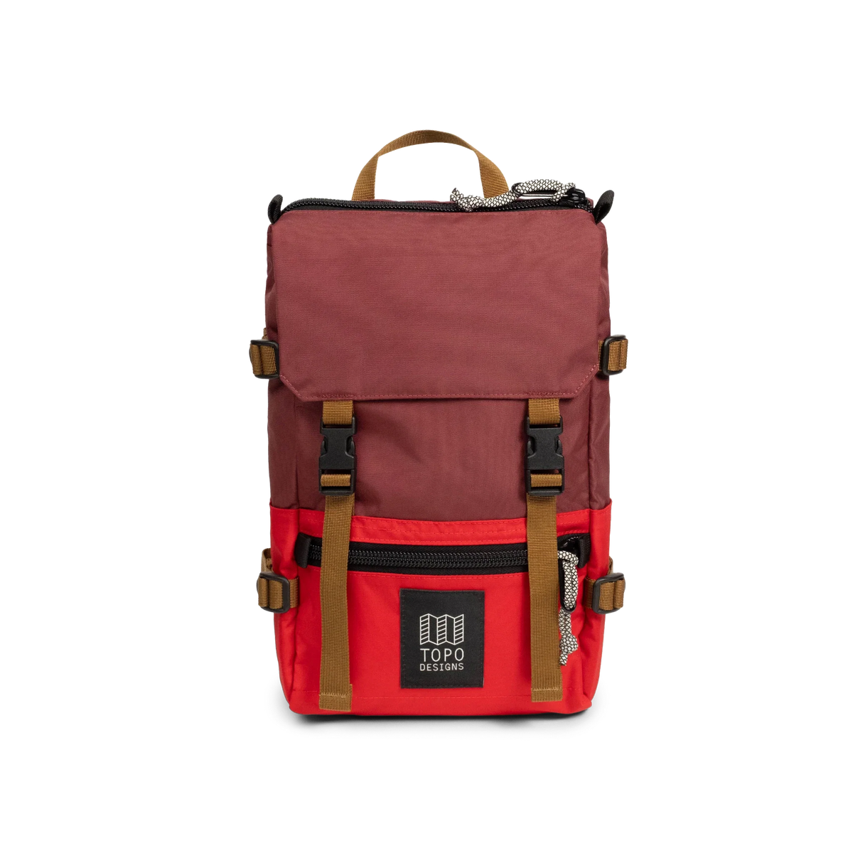 Front View of Topo Designs Rover Pack Mini in "Maroon / Salsa"