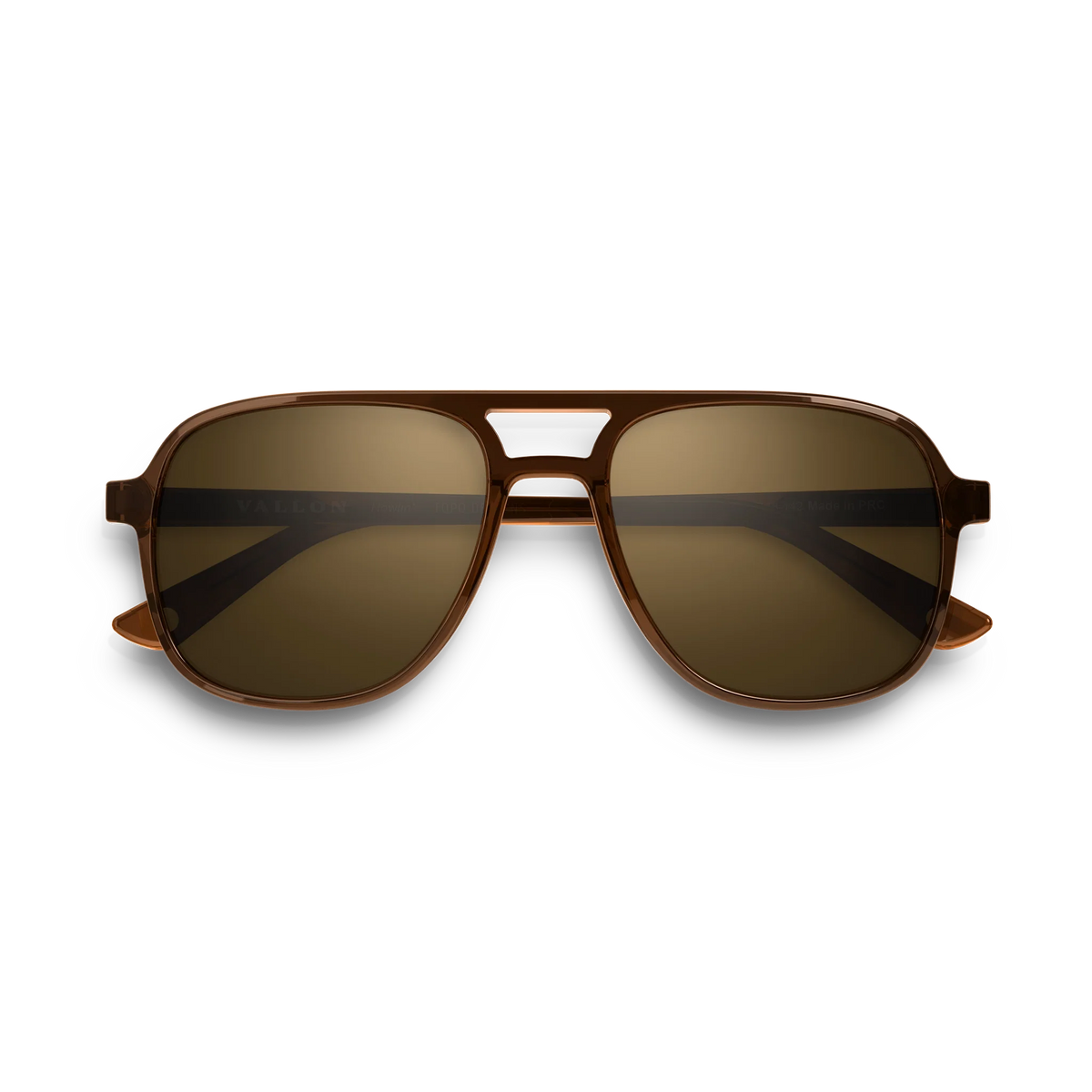 General front view of VALLON X Topo Designs sunglasses in "Brown / Brown" with sunglass arms closed.