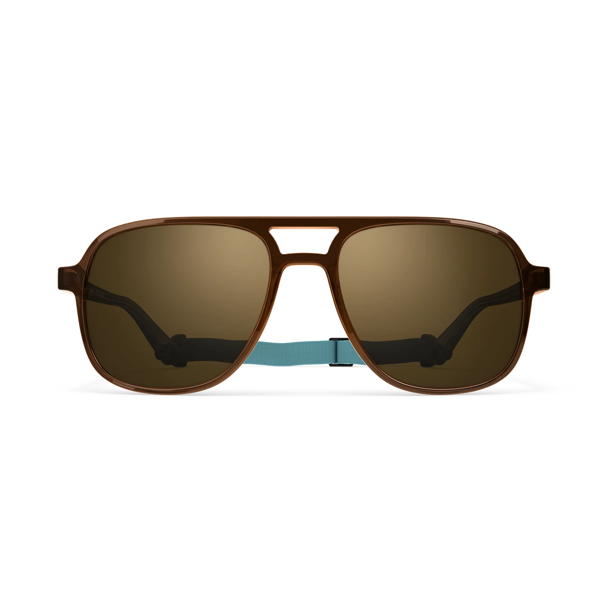 General front view of VALLON X Topo Designs sunglasses in "Brown / Brown" with sunglass arms open and strap attached.