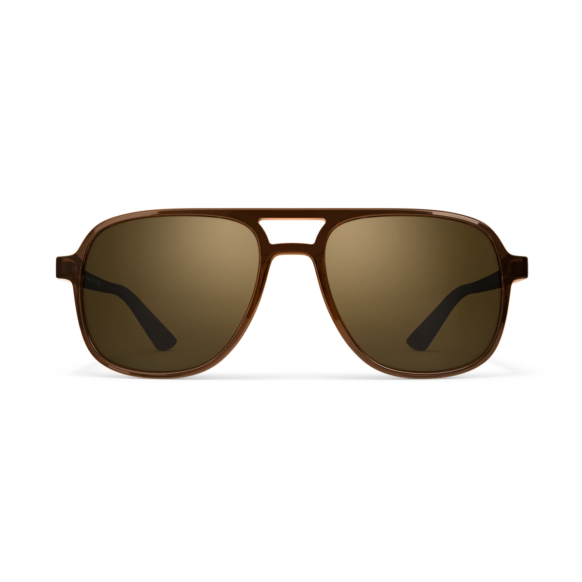 General front view of VALLON X Topo Designs sunglasses in "Brown / Brown" with sunglass arms open.