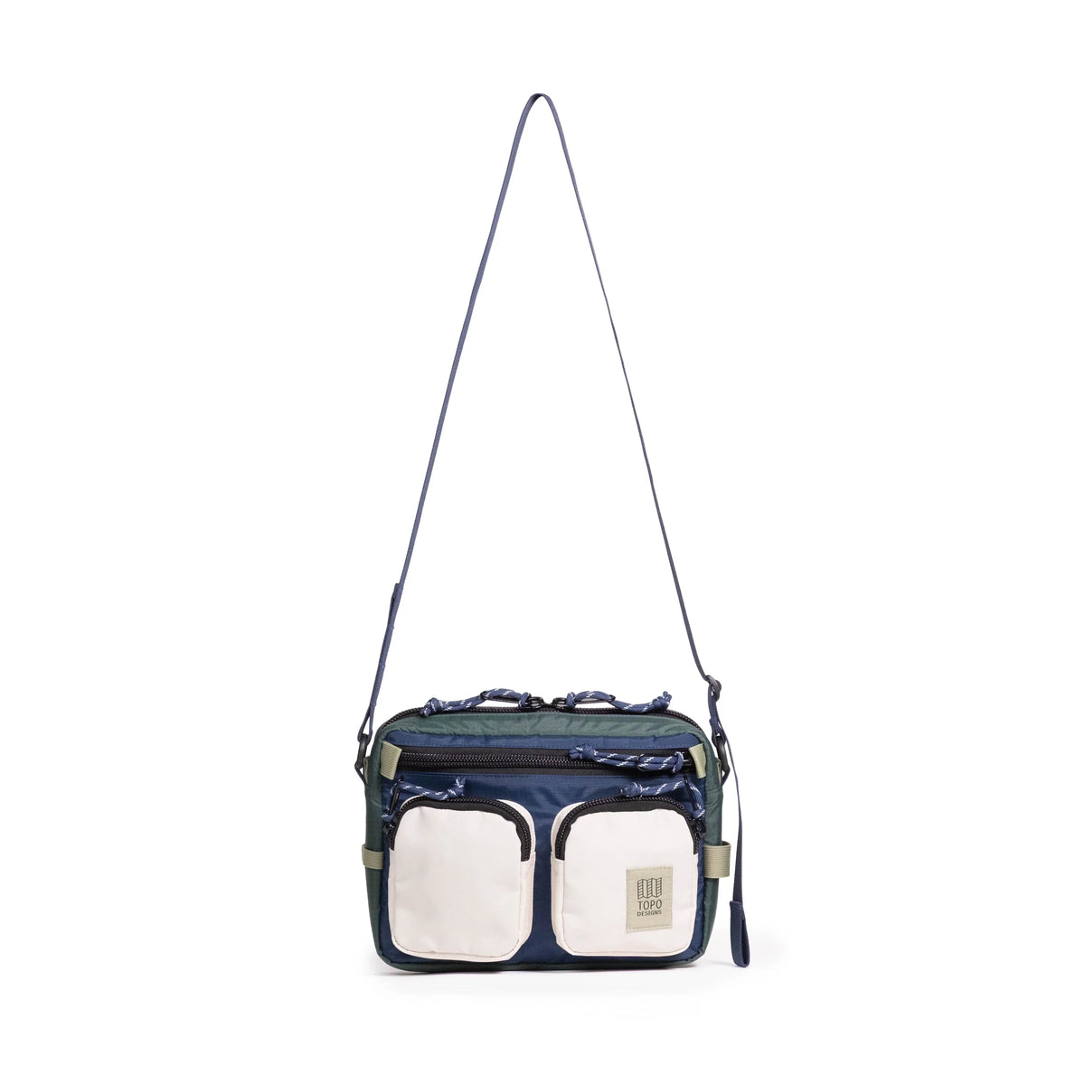 Front view of Topo Designs Block Bag in "Forest / Bone White"