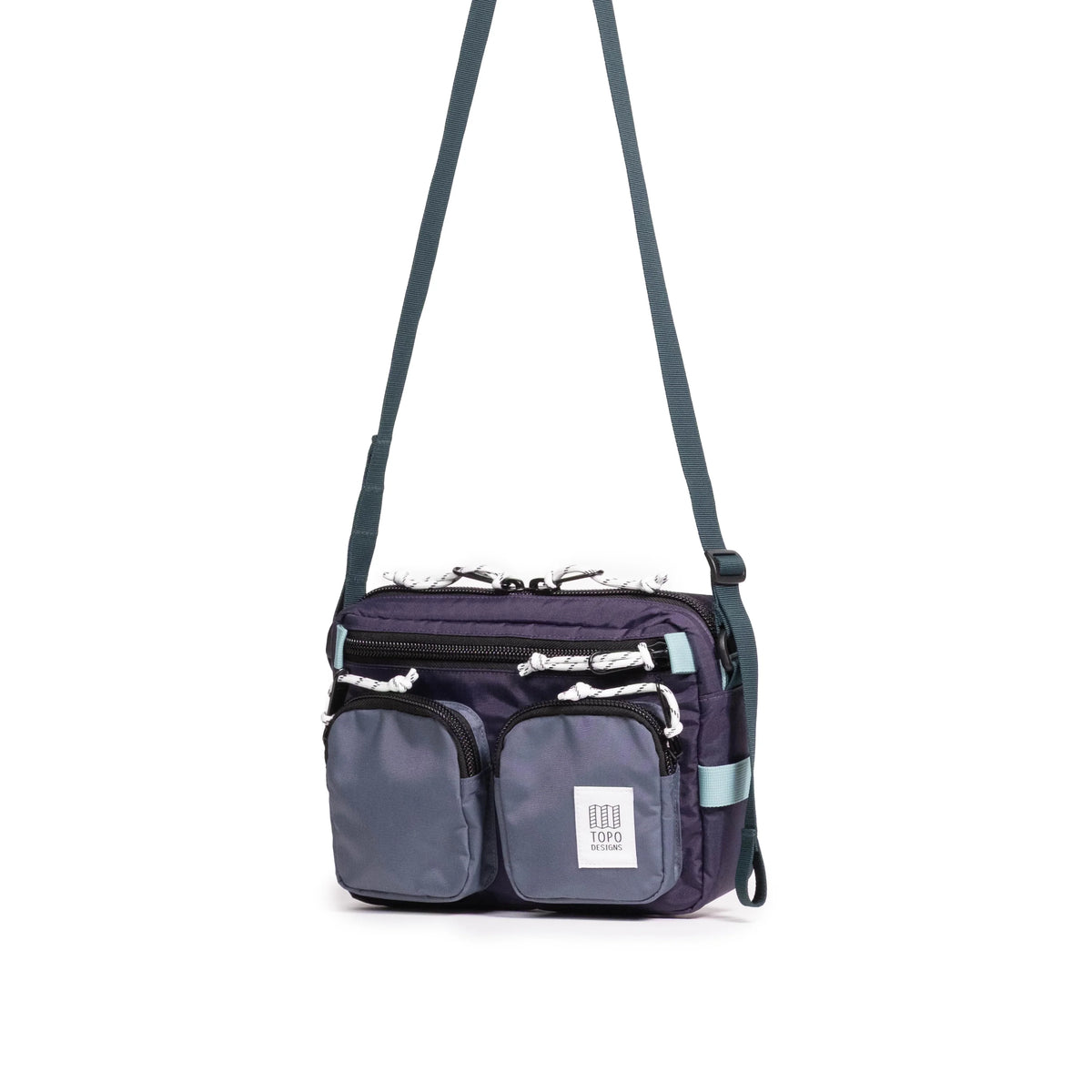 Front quarter view of Topo Designs Block Bag in "Nightshade / Slate"