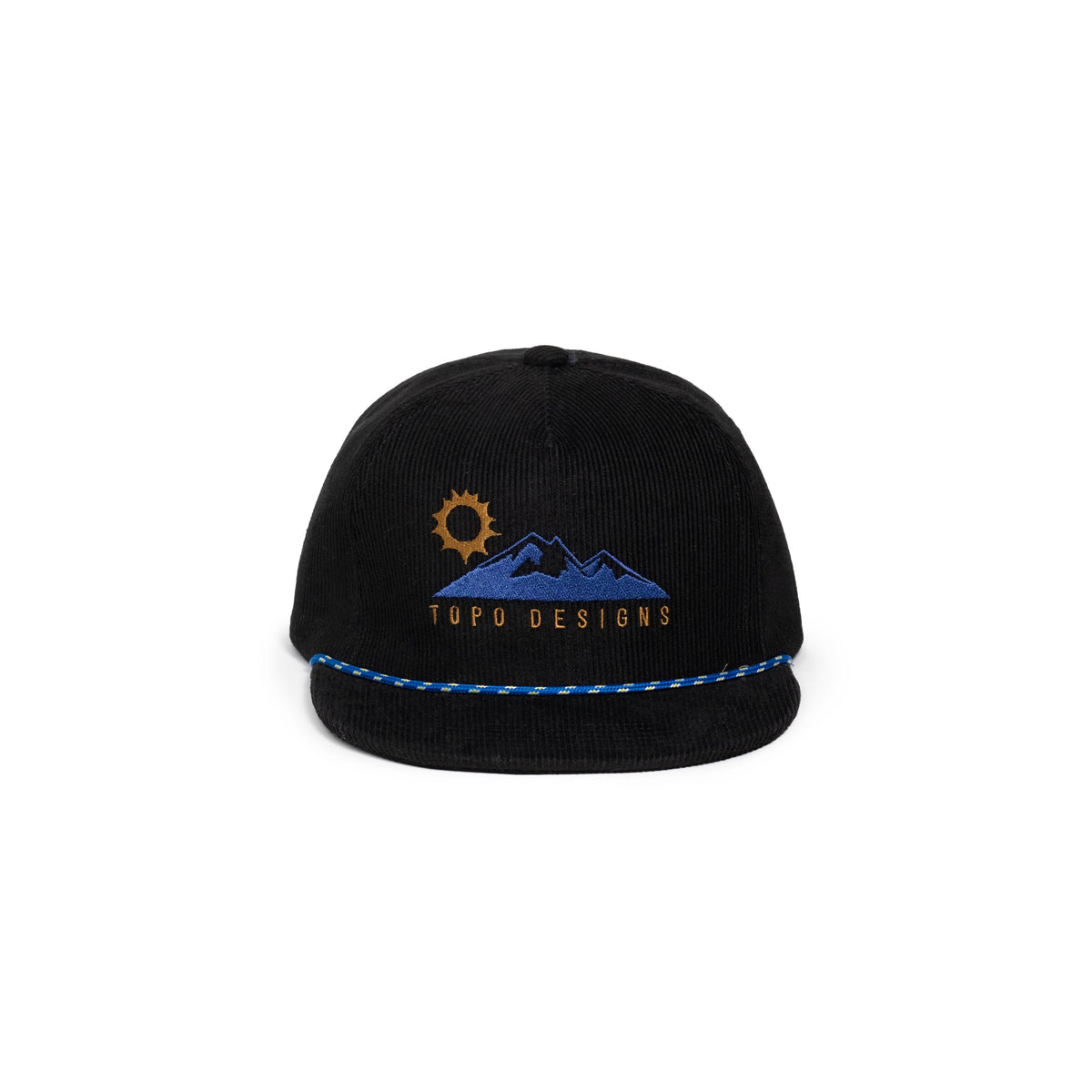 Front white background image of Topo Designs Corduroy Trucker Hat Alpine View in "Black"