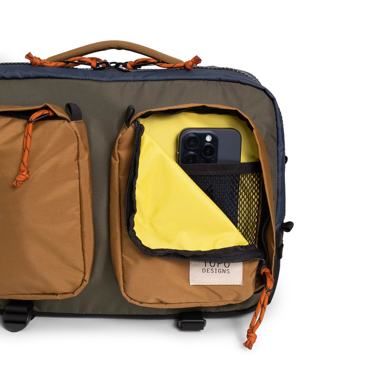 General full front product shot of the global briefcase showing use of the front zip pocket in "Olive / Dark Khaki".