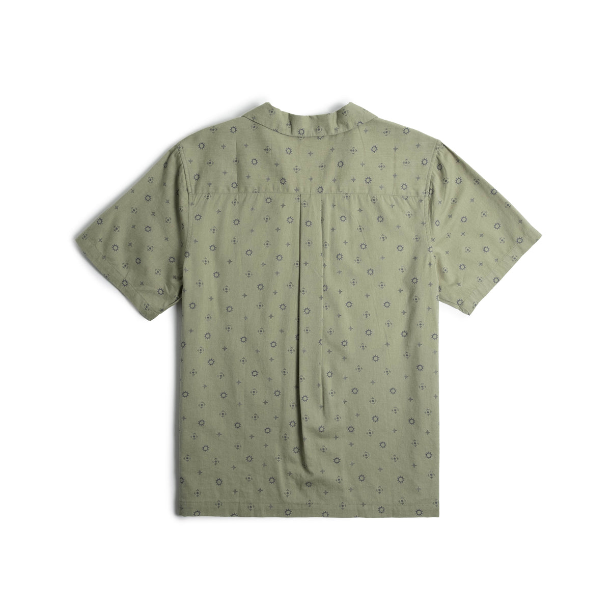 Back View of Topo Designs Daytripper Short Sleeve - Men's in "Tossed Motif Oil Green"