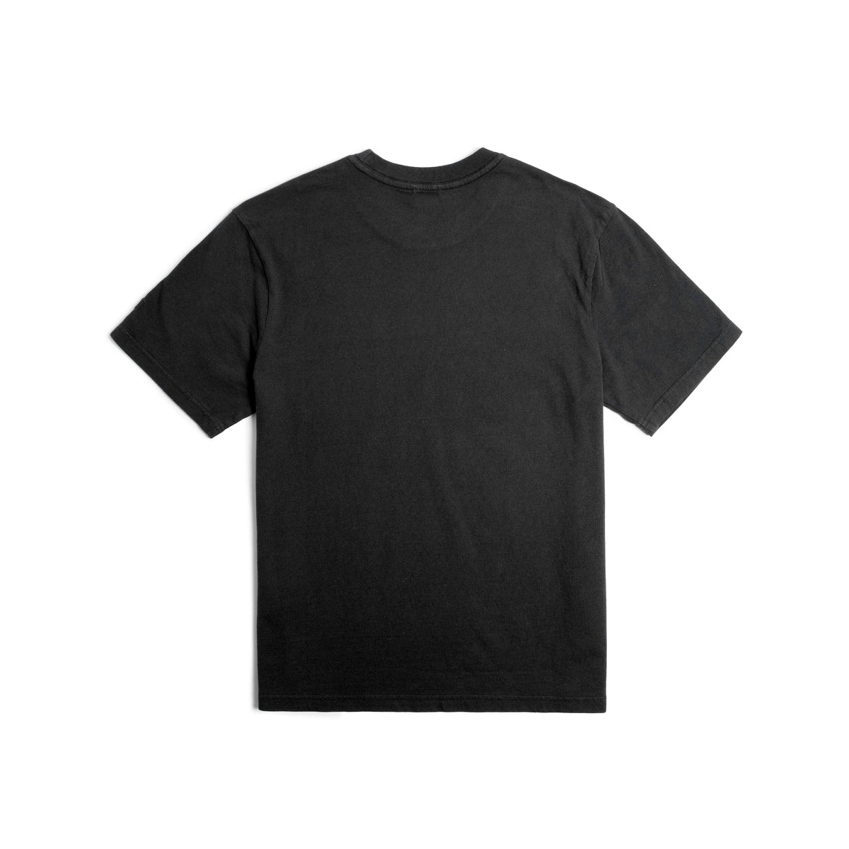 Back flat lay image on white background of Topo Designs Dirt Pocket Tee - Men's in "Black"
