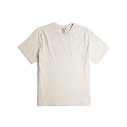 Front flat lay image on white background of Topo Designs Dirt Pocket Tee - Men's in "Bone White"