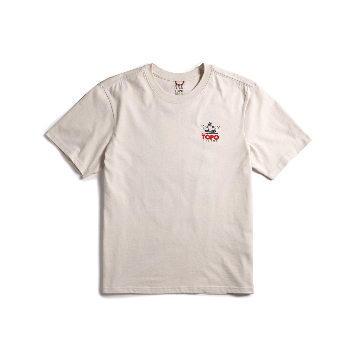 Front flat lay image on white background of Topo Designs Mountain River Tee - Men's in "Bone White"