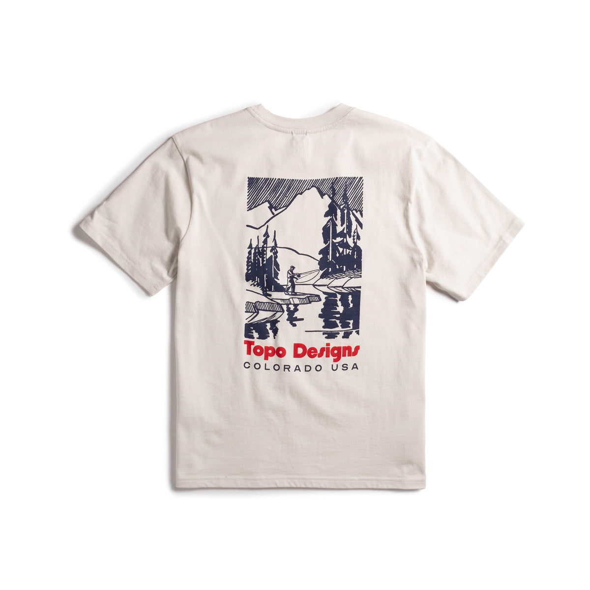 Back flat lay image on white background of Topo Designs Mountain River Tee - Men's in "Bone White"