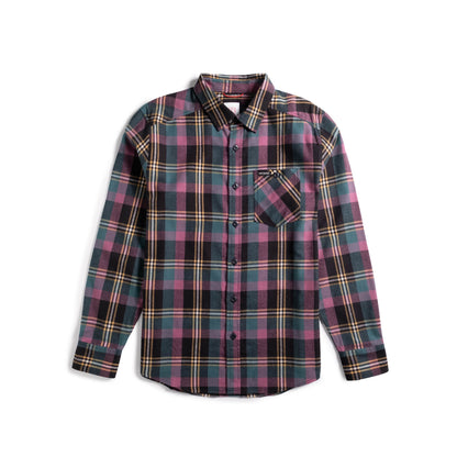 Front shot of Topo Designs Mountain Shirt Lightweight - Men's in "Black / Goldenrod Multi"