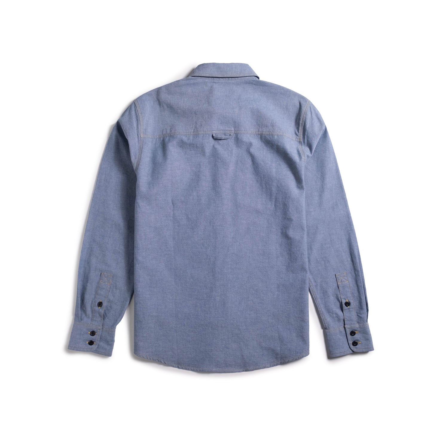 Back shot of Topo Designs Utility Shirt Chambray - Men's in "Blue Chambray"