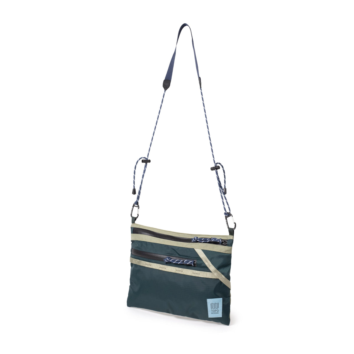 Quarter View of Topo Designs Mountain Accessory Shoulder Bag in "Oil Green / Dark Pine"