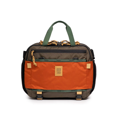 Front View of Topo Designs Mountain Cross Bag in "Woodland / Terracotta"