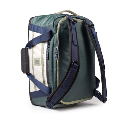 Standing Backpack View of Topo Designs Mountain Duffel 40L in "Forest / Bone White"