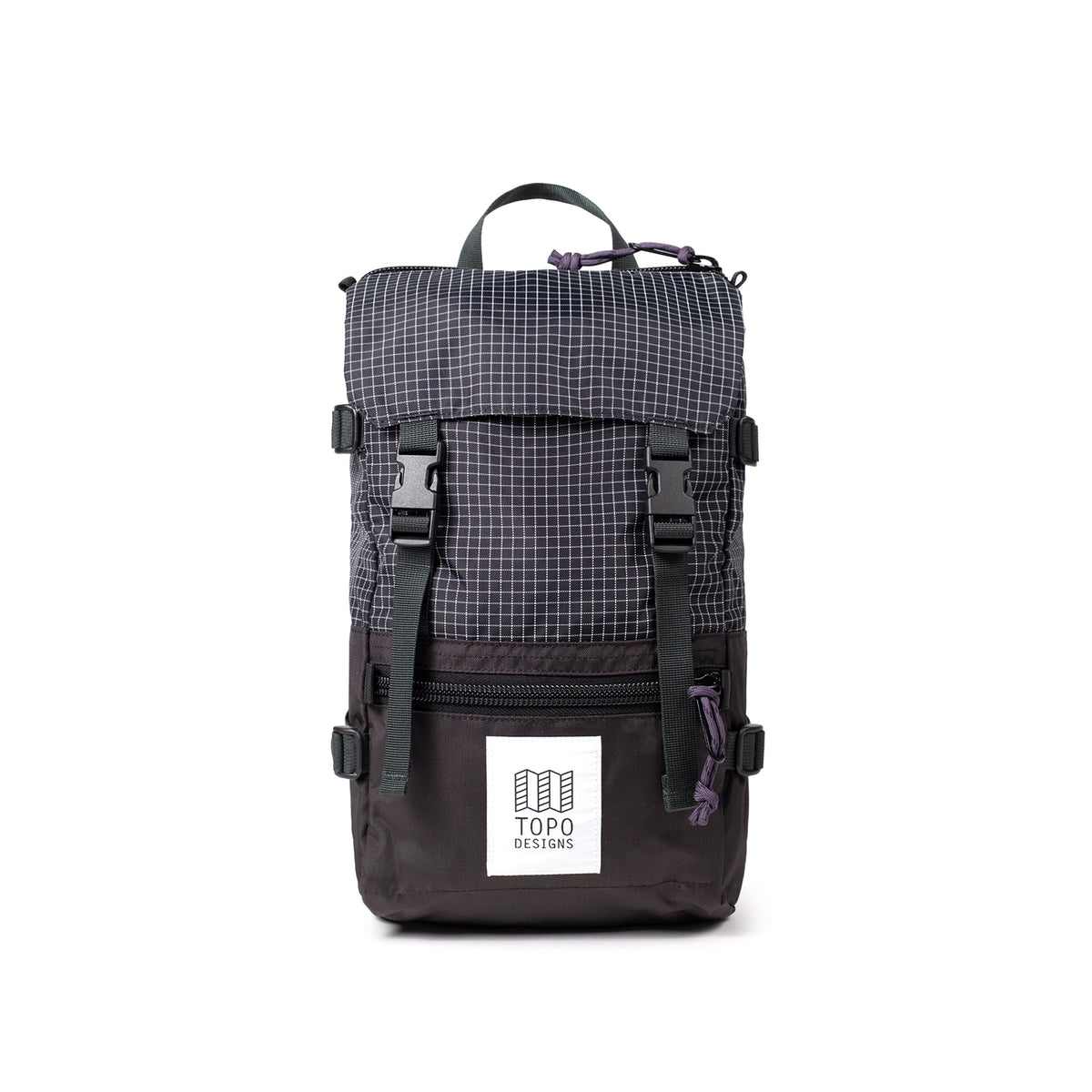 Front View of Topo Designs Rover Pack Mini in "Black Grid"