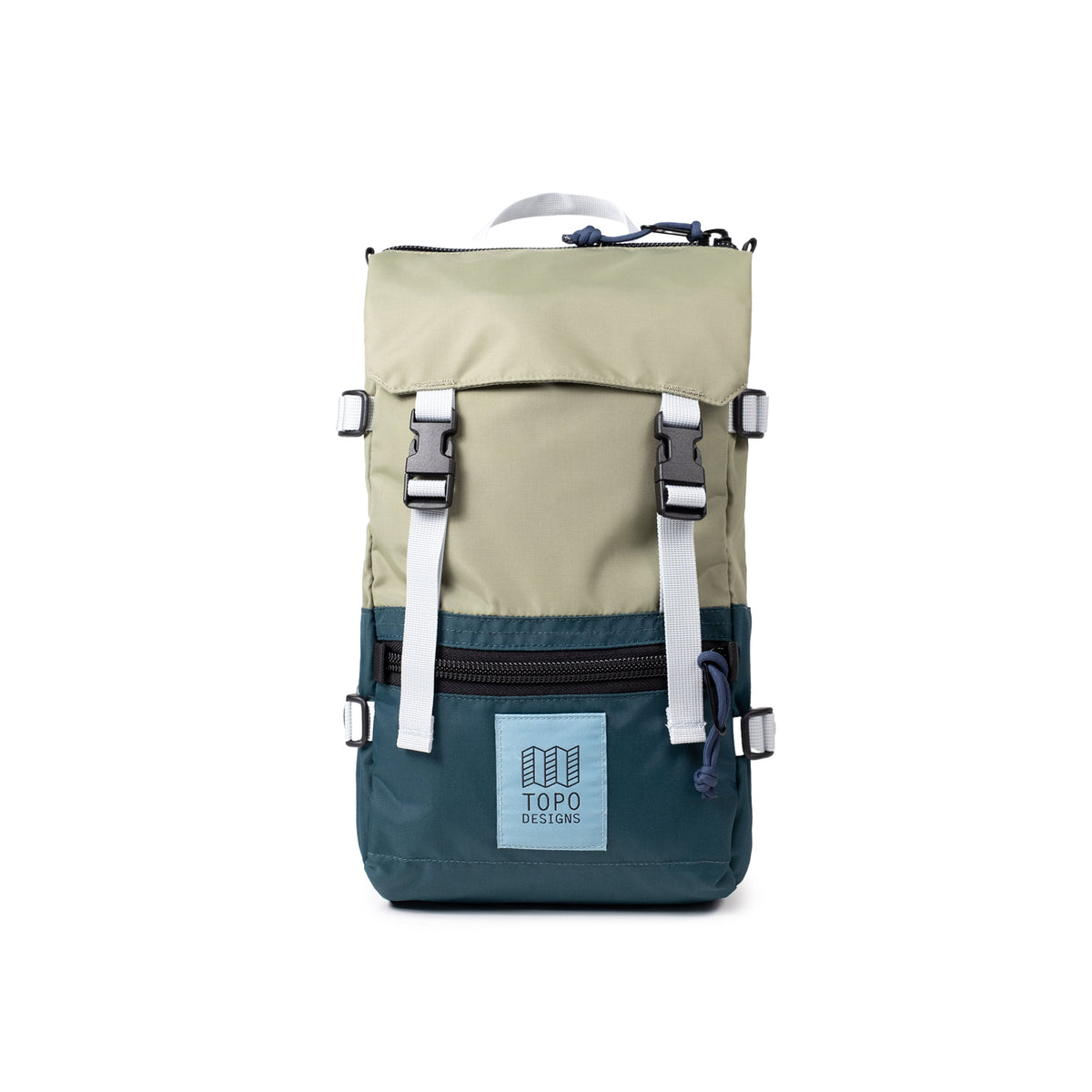 Front View of Topo Designs Rover Pack Mini in "Oil Green / Dark Pine"