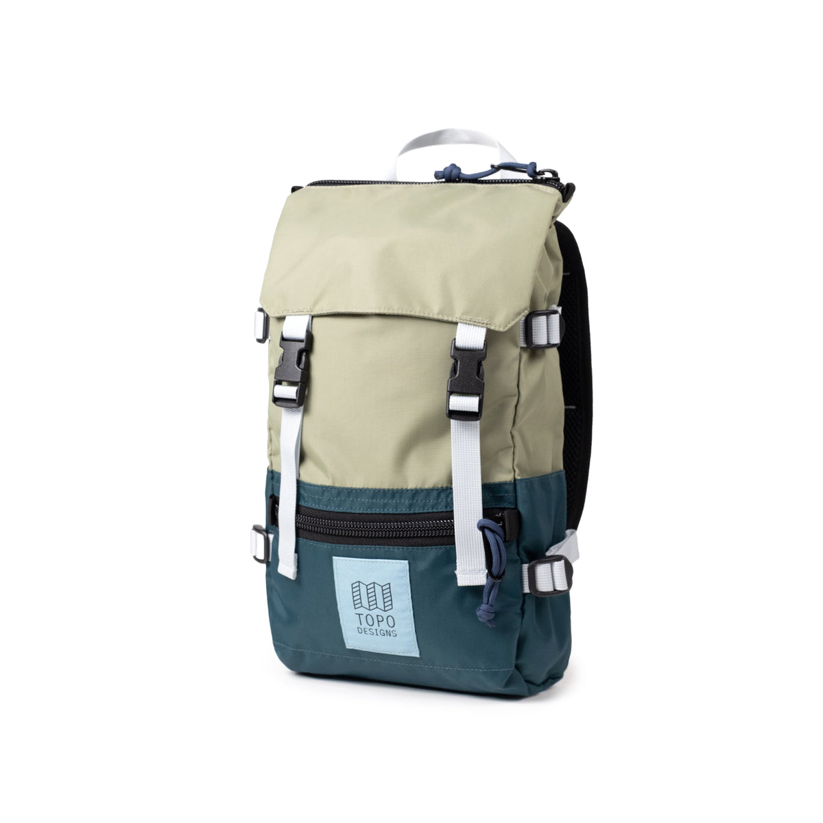 Quarter View of Topo Designs Rover Pack Mini in "Oil Green / Dark Pine"