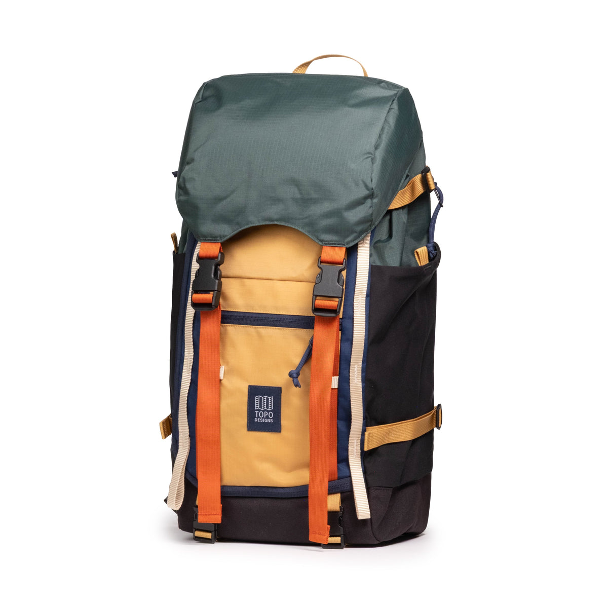 Front quarter view of Topo Designs Rover Trail Pack 22L in "Forest / Goldenrod"
