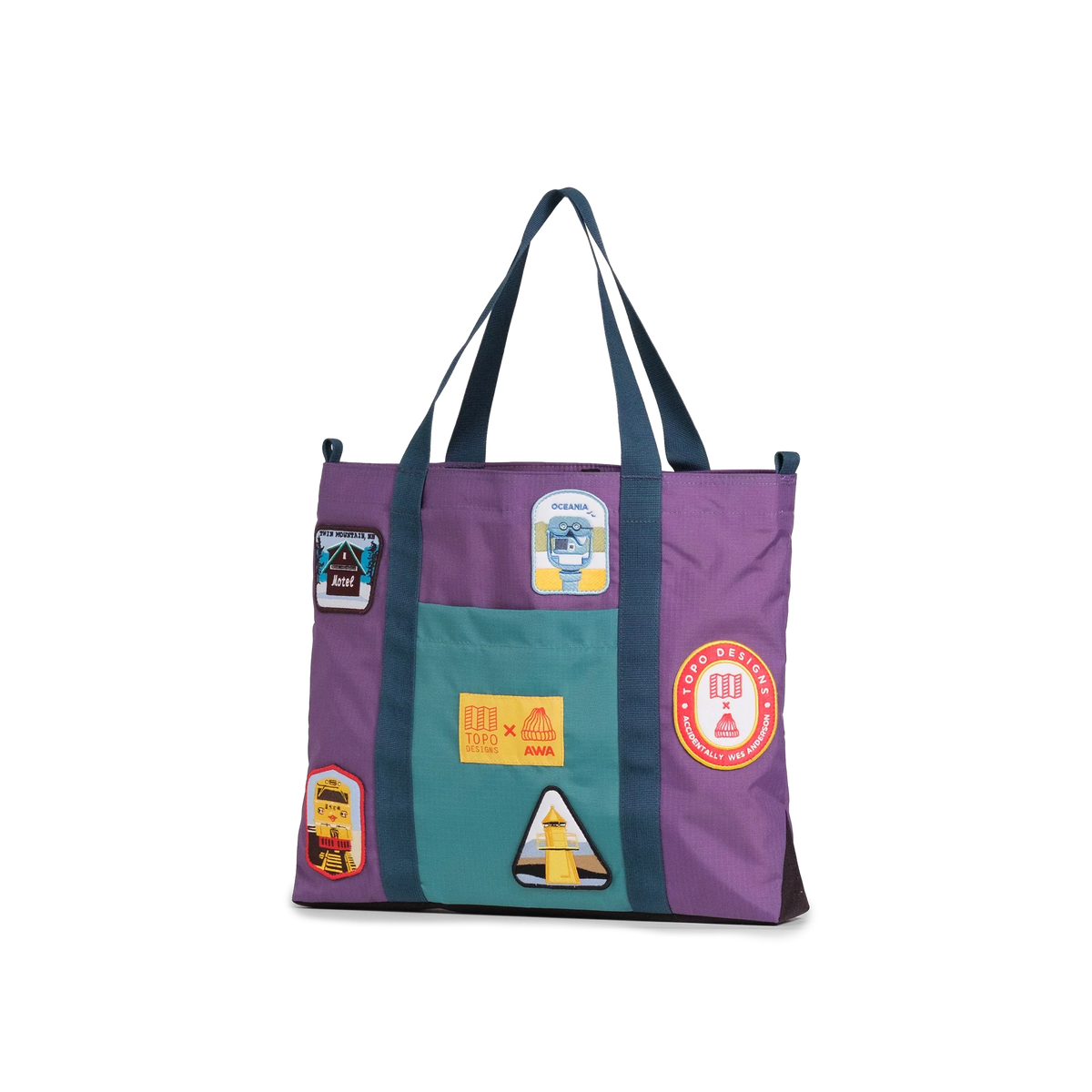 Quarter image of Topo Designs x AWA Mountain Essential Tote in "Loganberry / Caribbean"