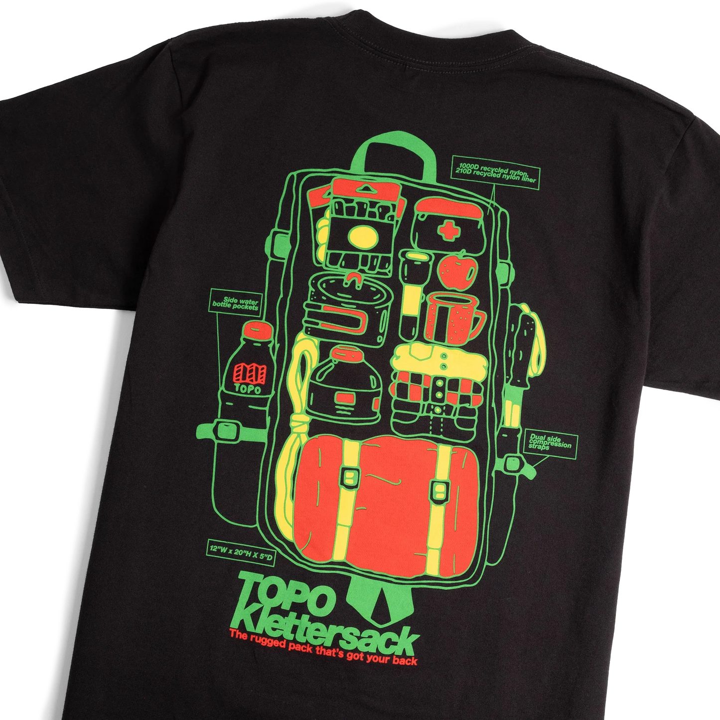 Back detail flat lay image of Topo Designs x Pine Printshop Klettersack Tee in "Black"