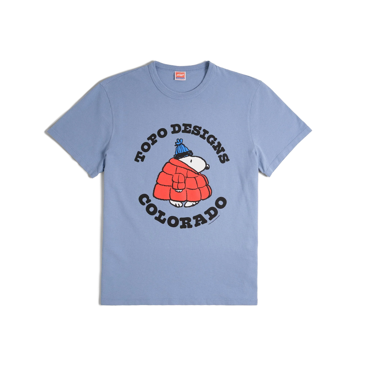 General front image of Topo Designs x TSPTR Puffy Coat Tee in "Sky Blue"