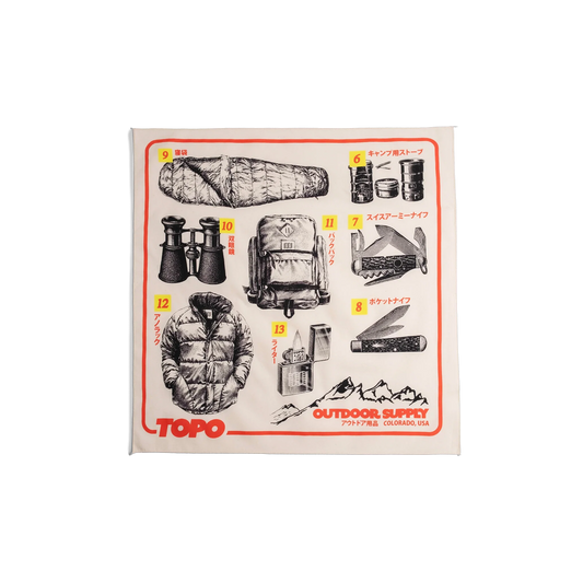 Front flay lay image of Topo Designs x Pine Printshop Catalog Bandana in "Natural"