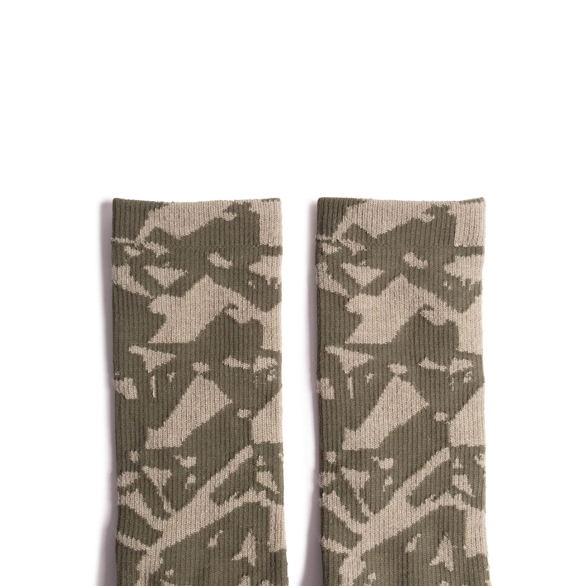 Top shot of Topo Designs Town Socks in "Oil Green Geo"